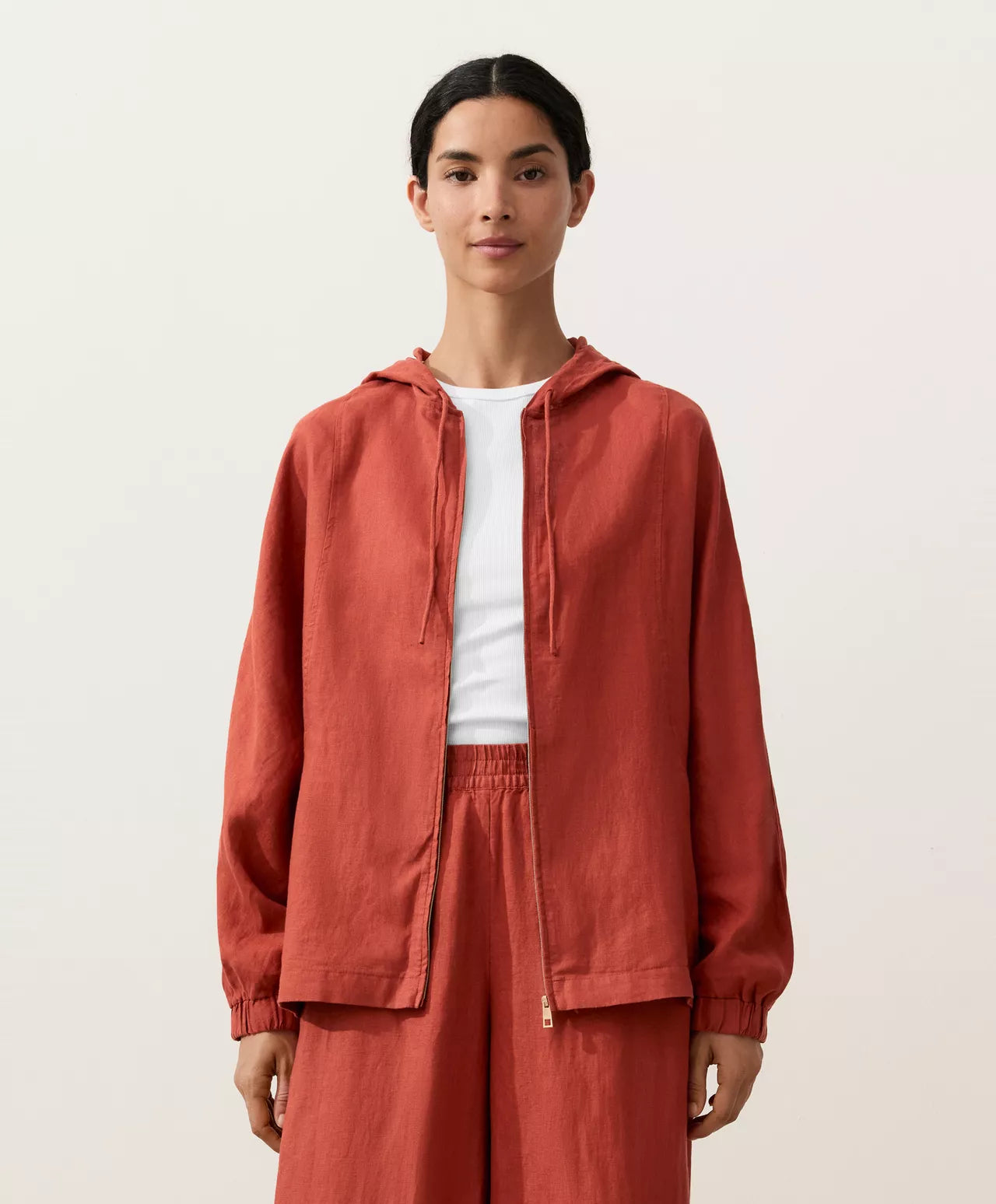 The Ease Red Orange Linen Hooded Jacket