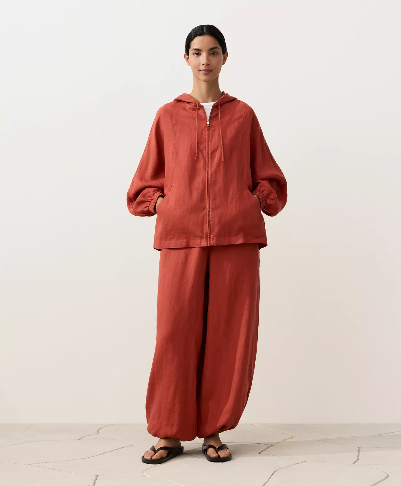 The Ease Red Orange Linen Hooded Jacket