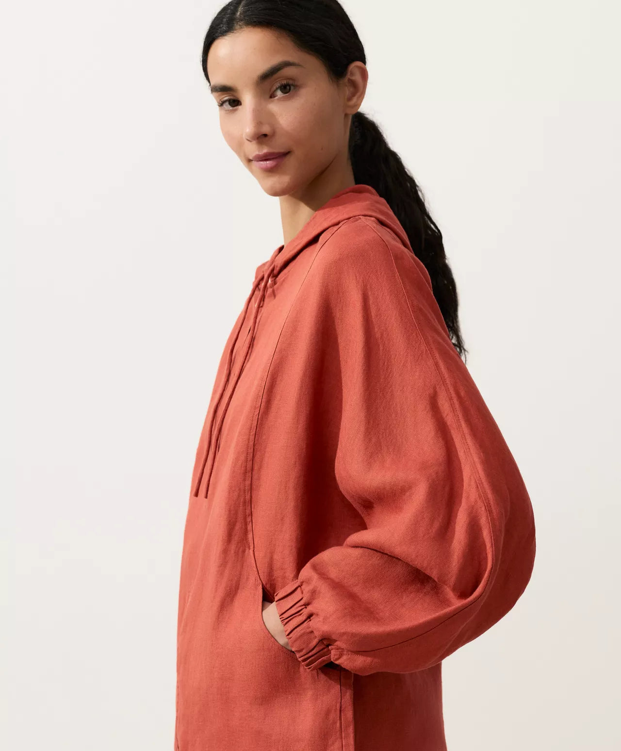 The Ease Red Orange Linen Hooded Jacket