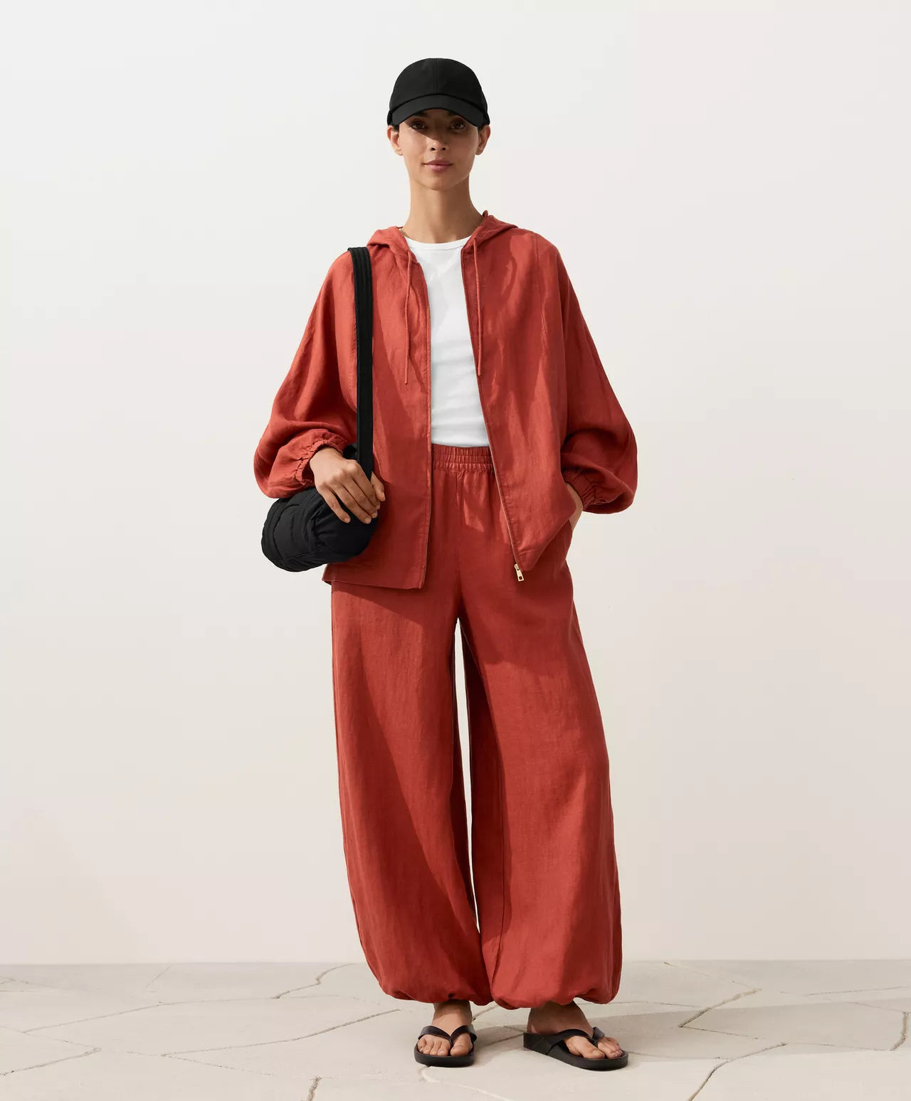 The Ease Red Orange Linen Hooded Jacket