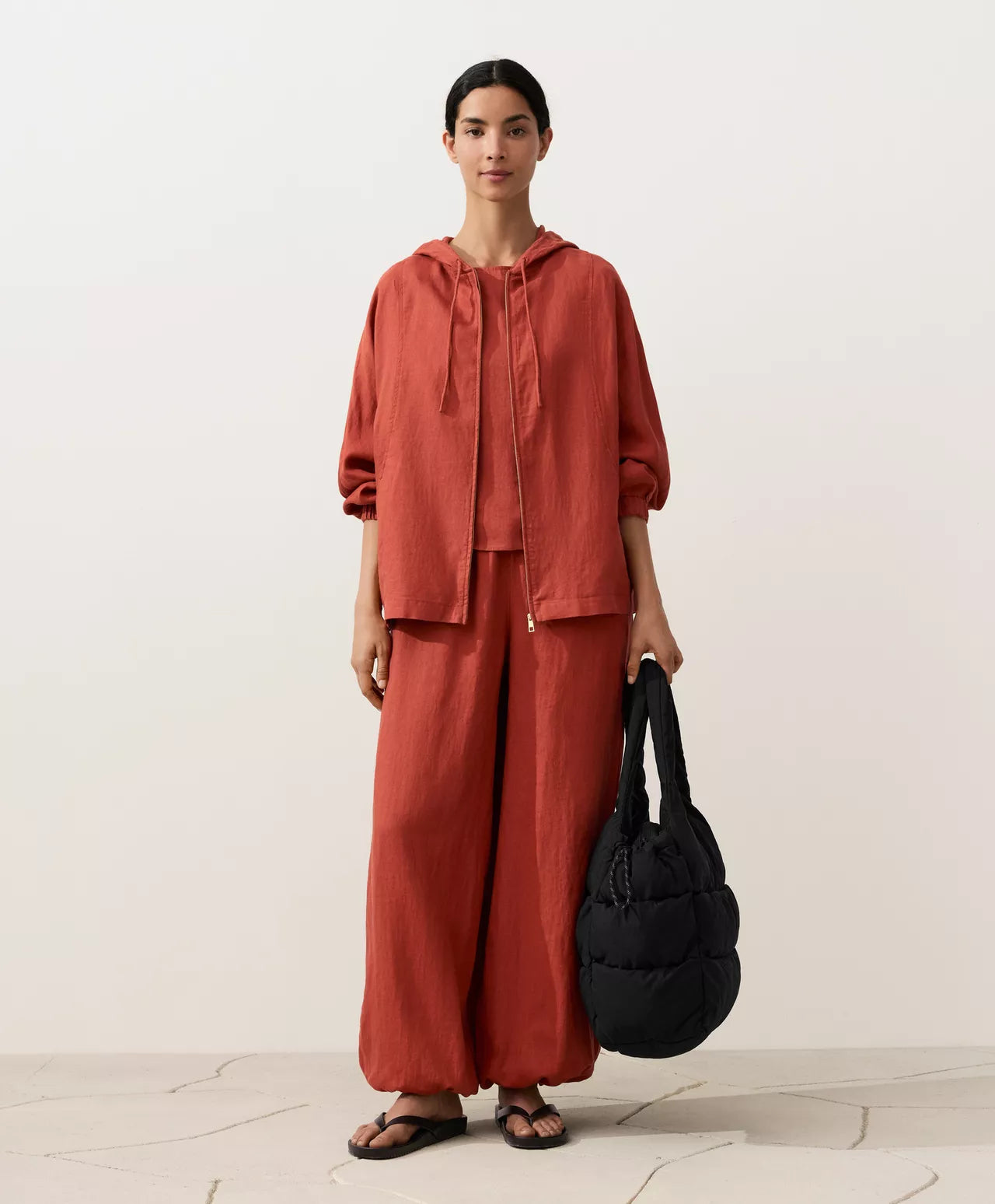 The Ease Red Orange Linen Hooded Jacket