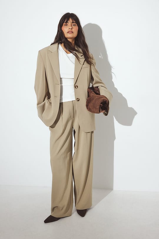 Wide-Leg Beige Pleated Pants