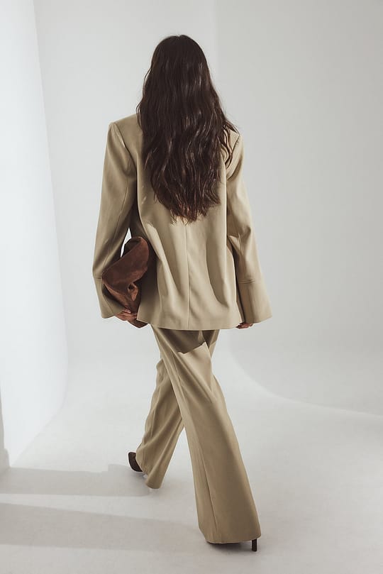 Wide-Leg Beige Pleated Pants