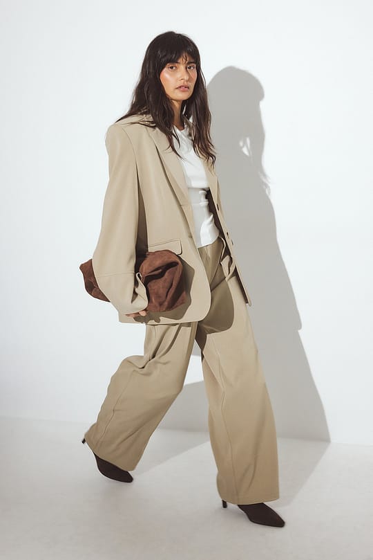 Wide-Leg Beige Pleated Pants