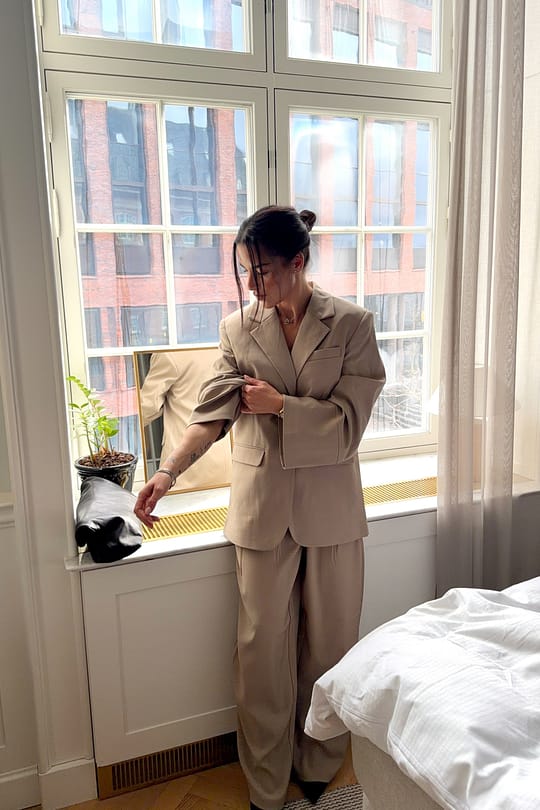 Wide-Leg Beige Pleated Pants