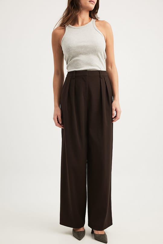 Wide-Leg Dark Brown Pleated Pants