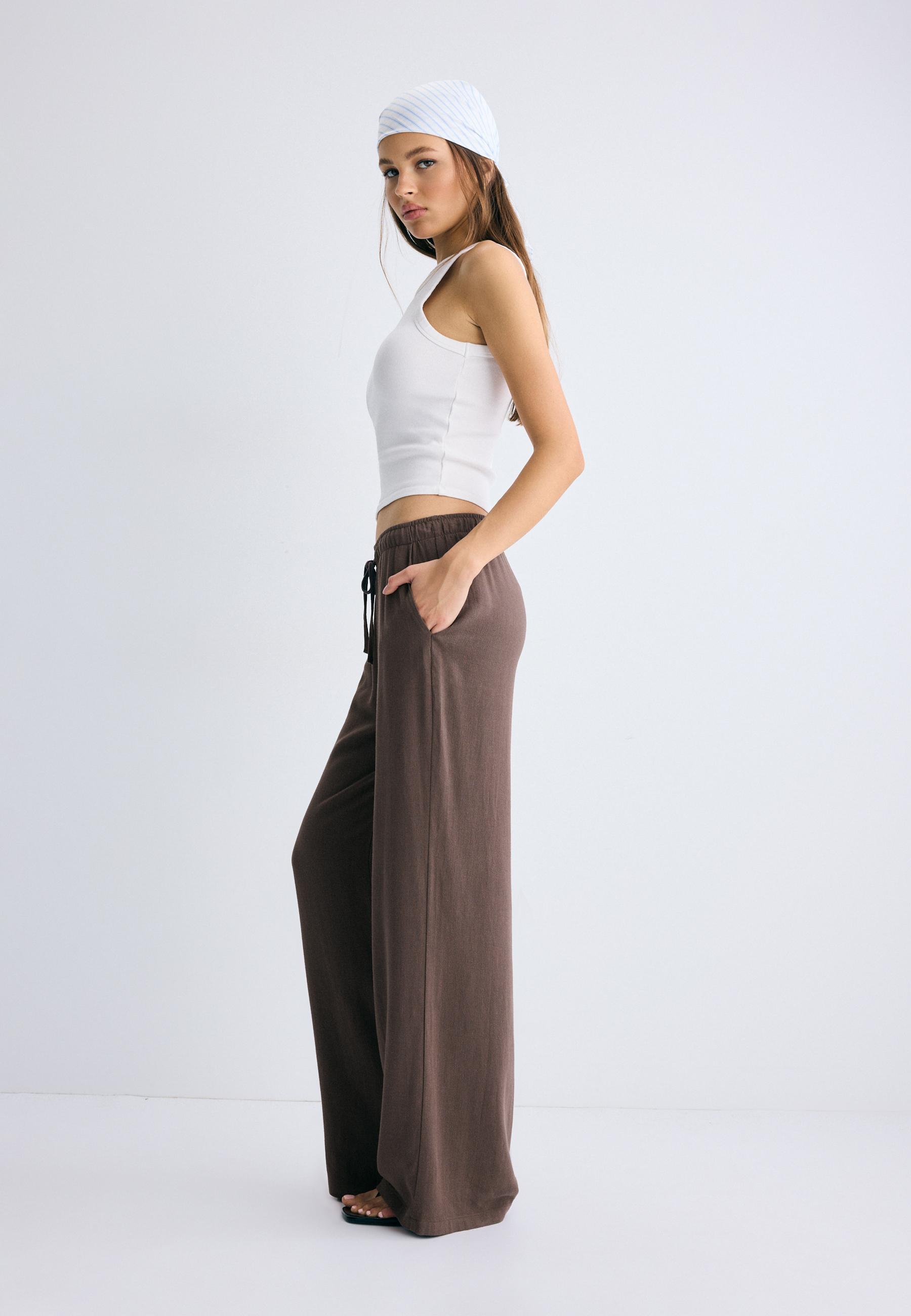 Straight-Leg Brown Linen Pant
