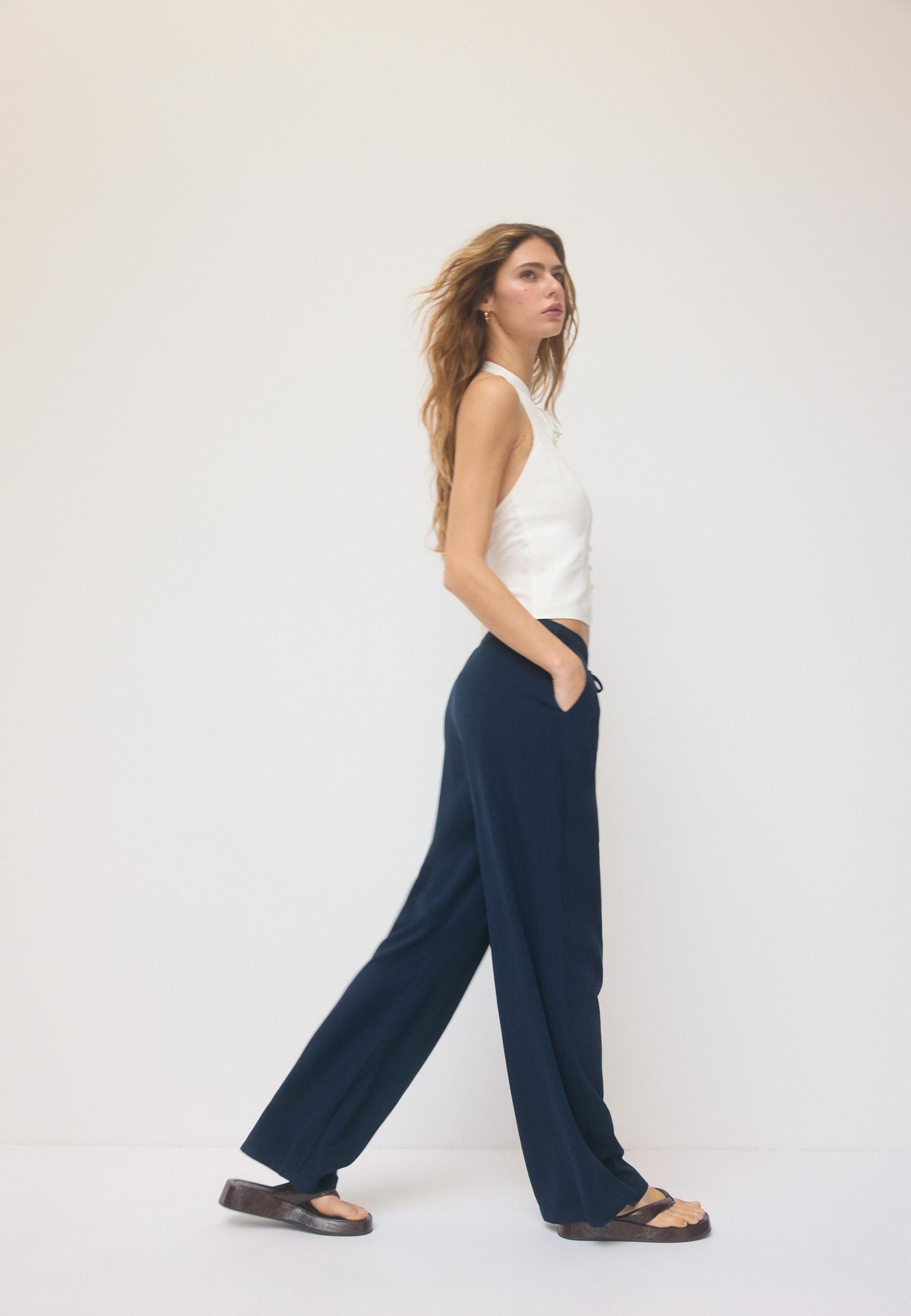 Straight-Leg Dark Navy Linen Pant