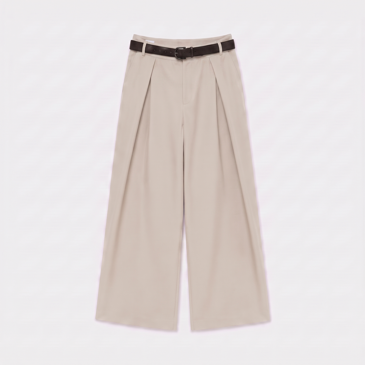 Women's beige maxi darted trousers with fluid wide leg and sculptural front drape by STATE OF HER