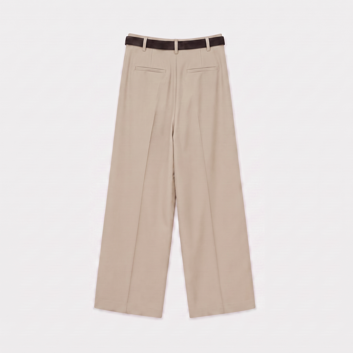 Women's beige maxi darted trousers with fluid wide leg and sculptural front drape by STATE OF HER