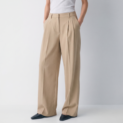 Women's beige wide-leg tailored trousers with double front pleats and fluid drape by STATE OF HER