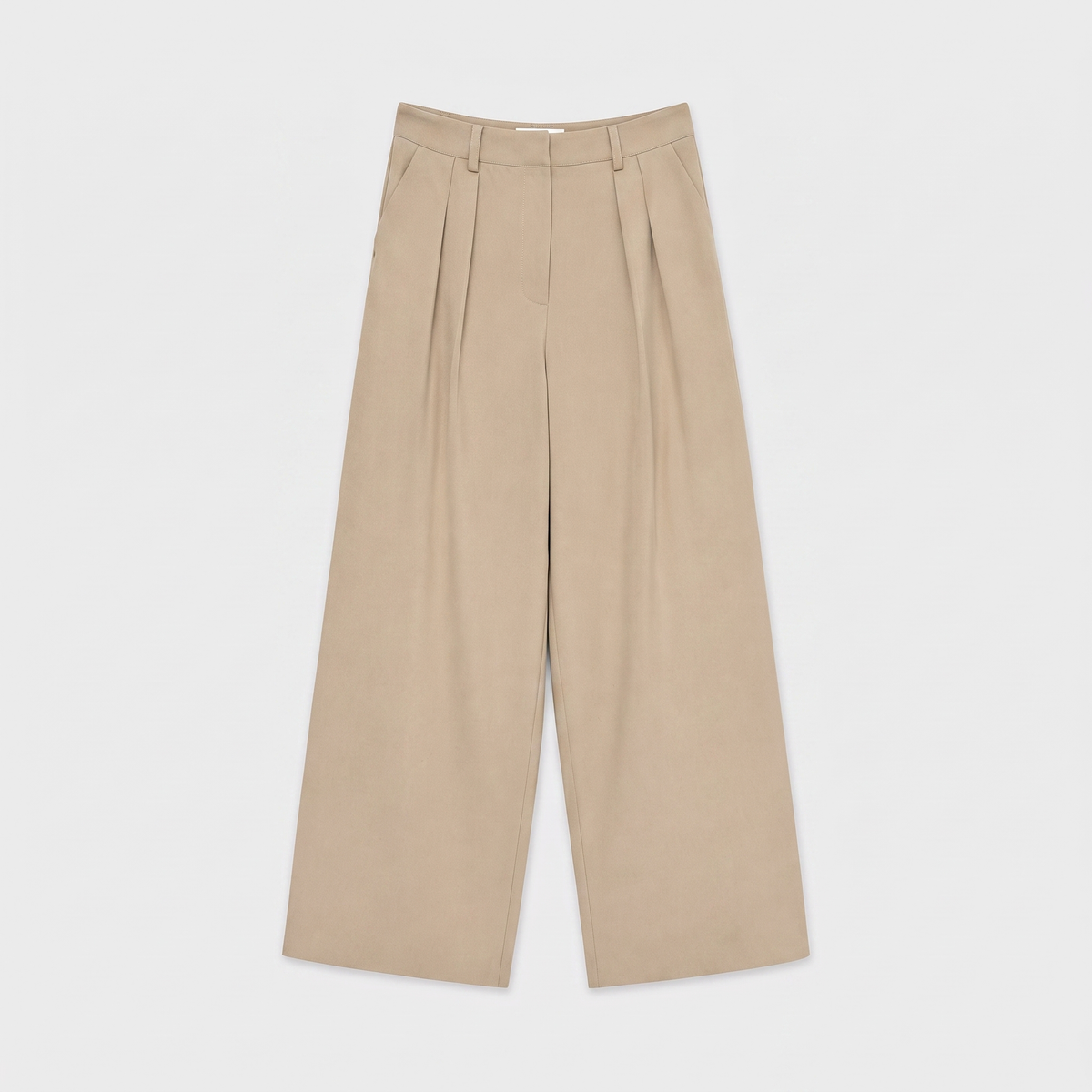 Women's beige wide-leg tailored trousers with double front pleats and fluid drape by STATE OF HER