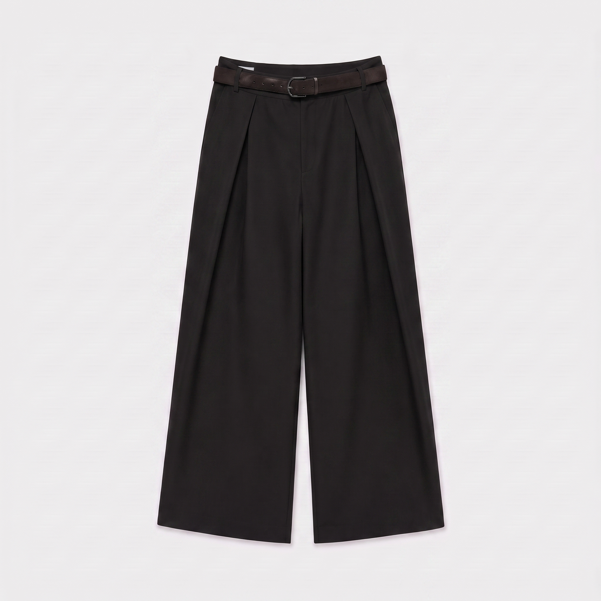 Women's black maxi darted trousers with fluid wide leg and sculptural front drape by STATE OF HER
