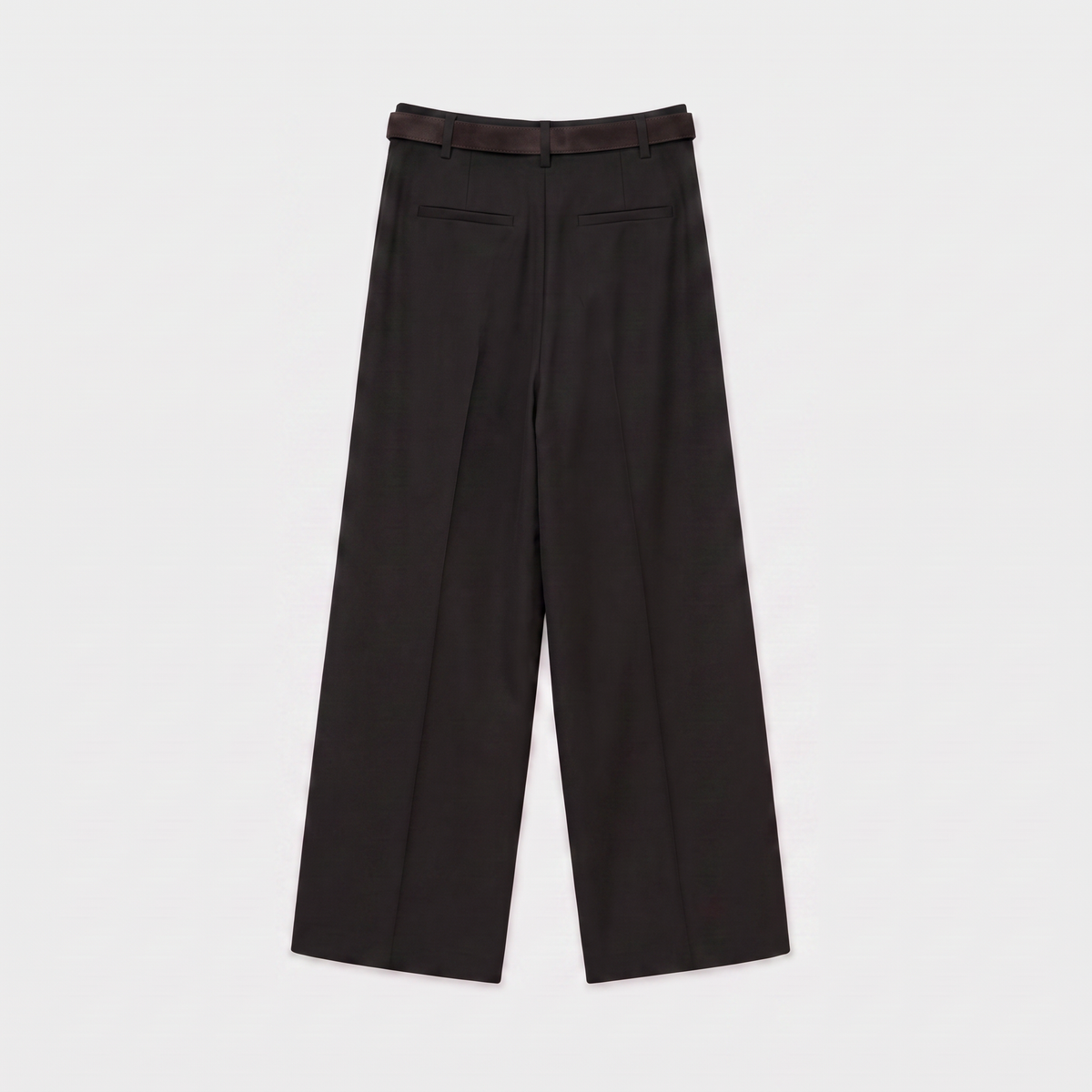 Women's black maxi darted trousers with fluid wide leg and sculptural front drape by STATE OF HER