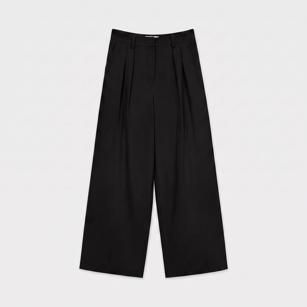 Women's black wide-leg tailored trousers with double front pleats and fluid drape by STATE OF HER