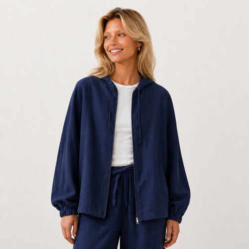 Women's blue linen hooded jacket with oversized fit and zip front by STATE OF HER