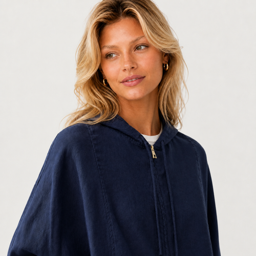 Women's blue linen hooded jacket with oversized fit and zip front by STATE OF HER