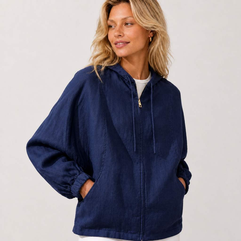 Women's blue linen hooded jacket with oversized fit and zip front by STATE OF HER
