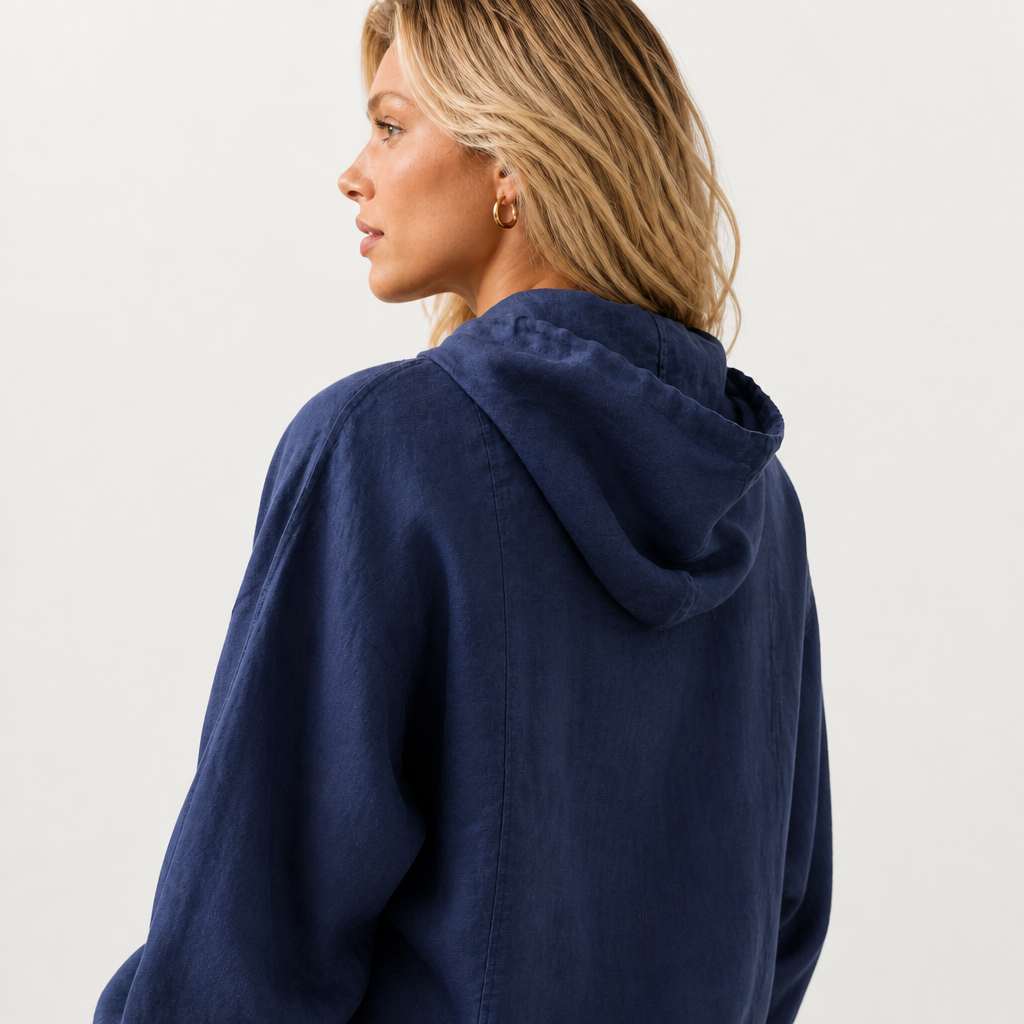Women's blue linen hooded jacket with oversized fit and zip front by STATE OF HER