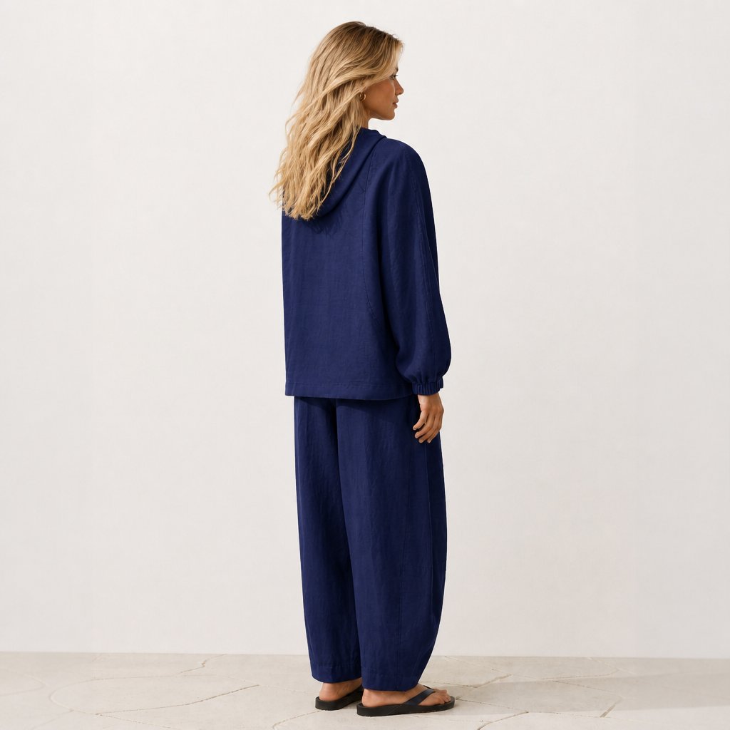 Women's blue linen hooded jacket with oversized fit and zip front by STATE OF HER