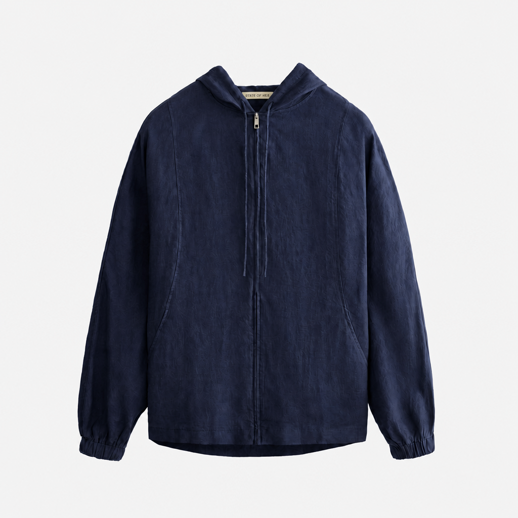 Women's blue linen hooded jacket with oversized fit and zip front by STATE OF HER