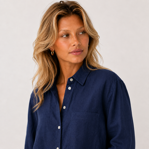 Women's blue oversized linen shirt with button front and dropped shoulders by STATE OF HER
