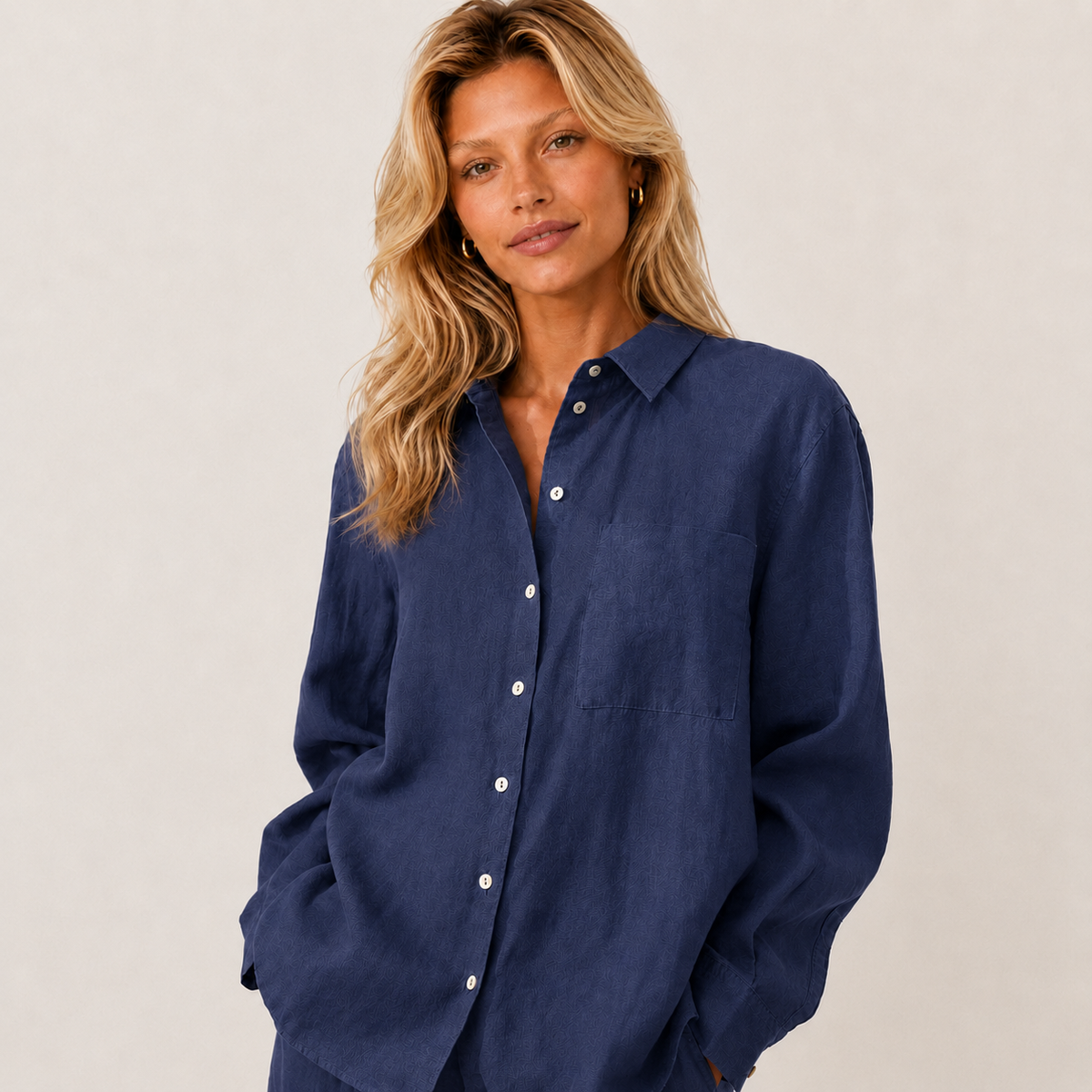 Women's blue oversized linen shirt with button front and dropped shoulders by STATE OF HER