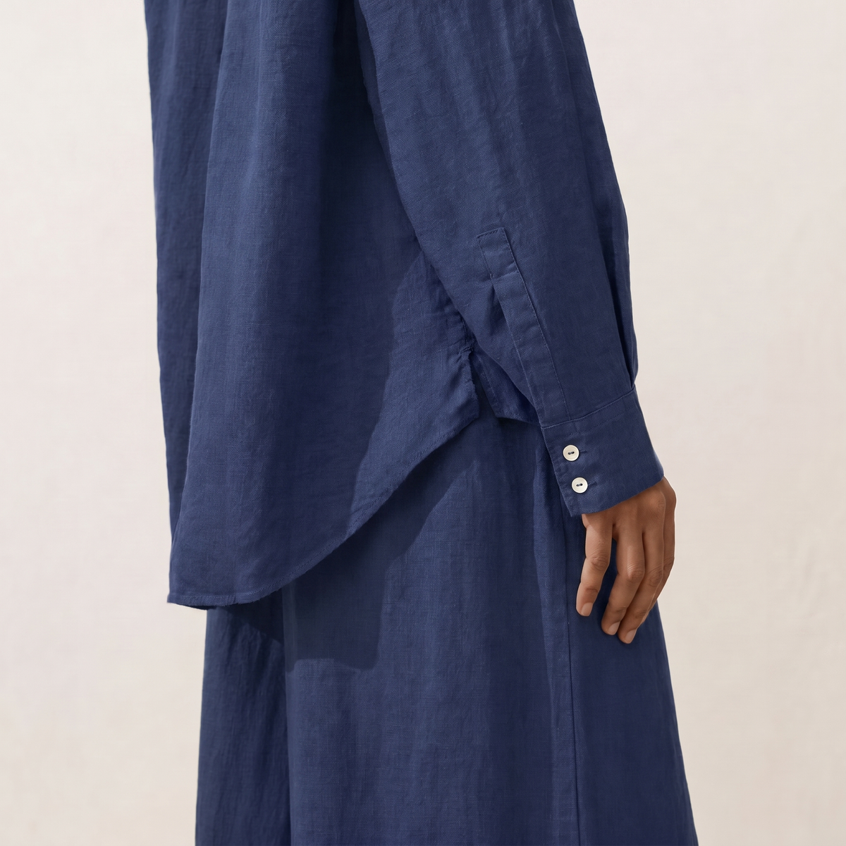 Women's blue oversized linen shirt with button front and dropped shoulders by STATE OF HER
