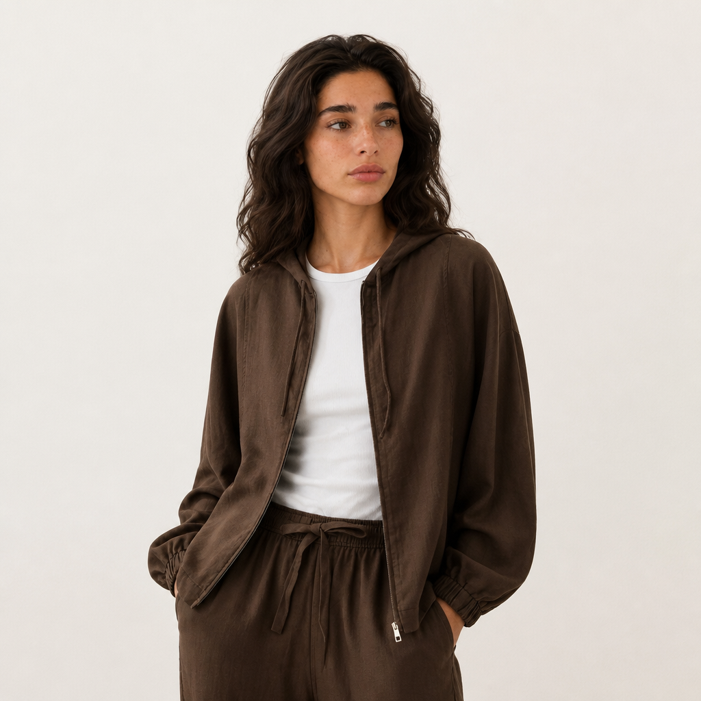 Women's brown linen hooded jacket with oversized fit and zip front by STATE OF HER