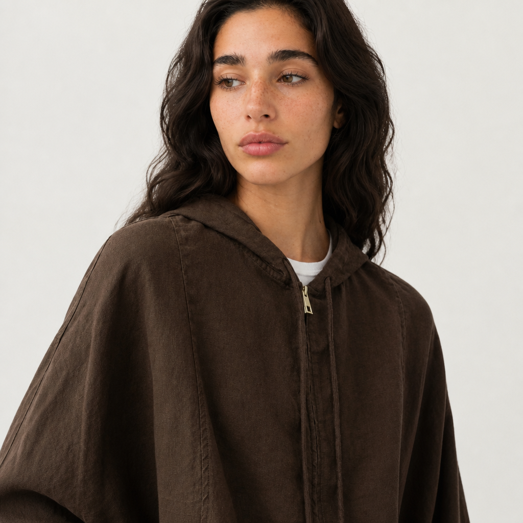 Women's brown linen hooded jacket with oversized fit and zip front by STATE OF HER