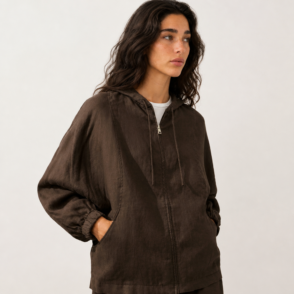 Women's brown linen hooded jacket with oversized fit and zip front by STATE OF HER