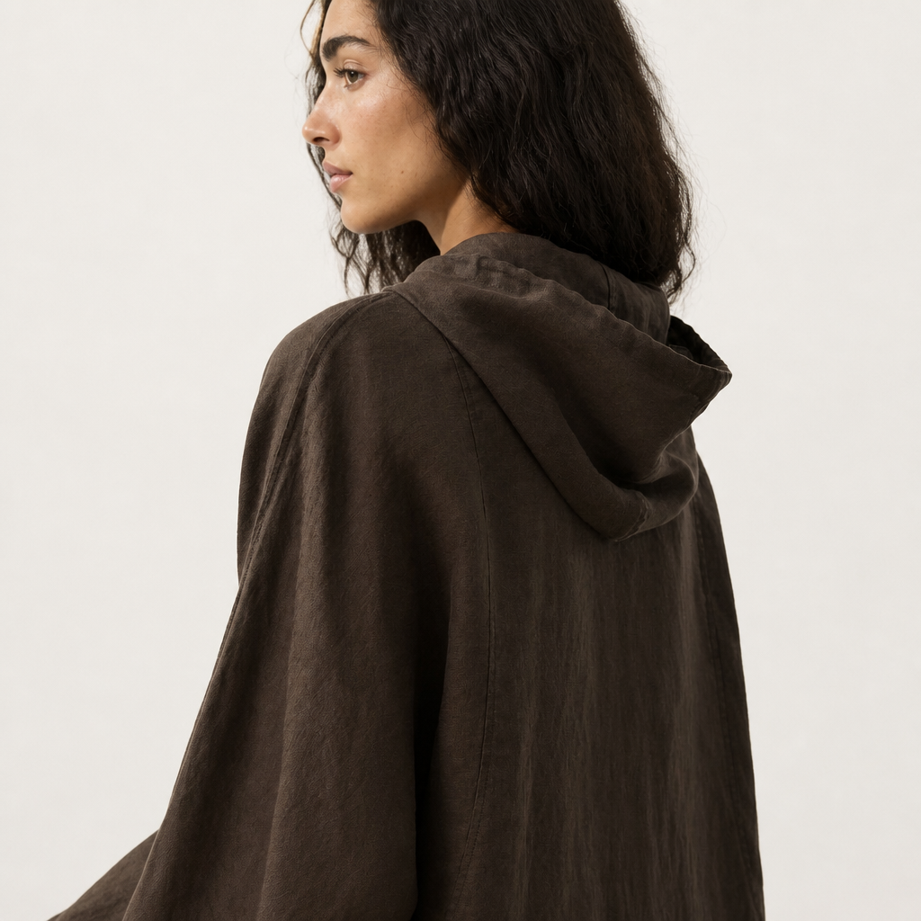 Women's brown linen hooded jacket with oversized fit and zip front by STATE OF HER