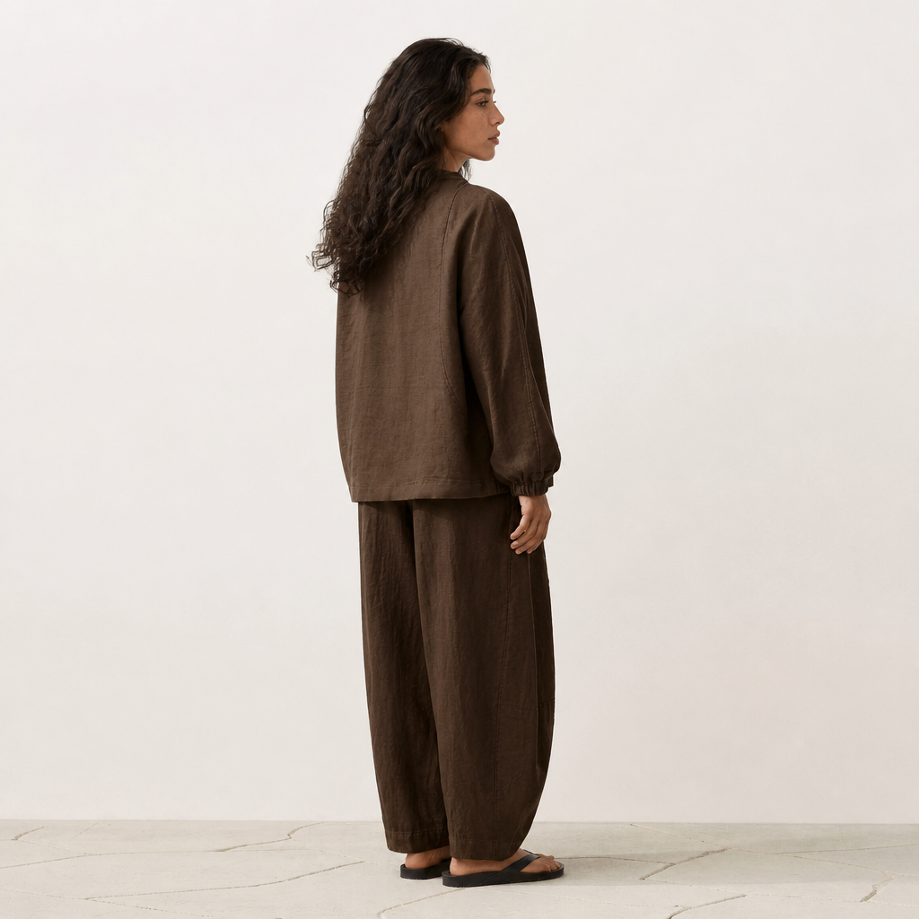 Women's brown linen hooded jacket with oversized fit and zip front by STATE OF HER