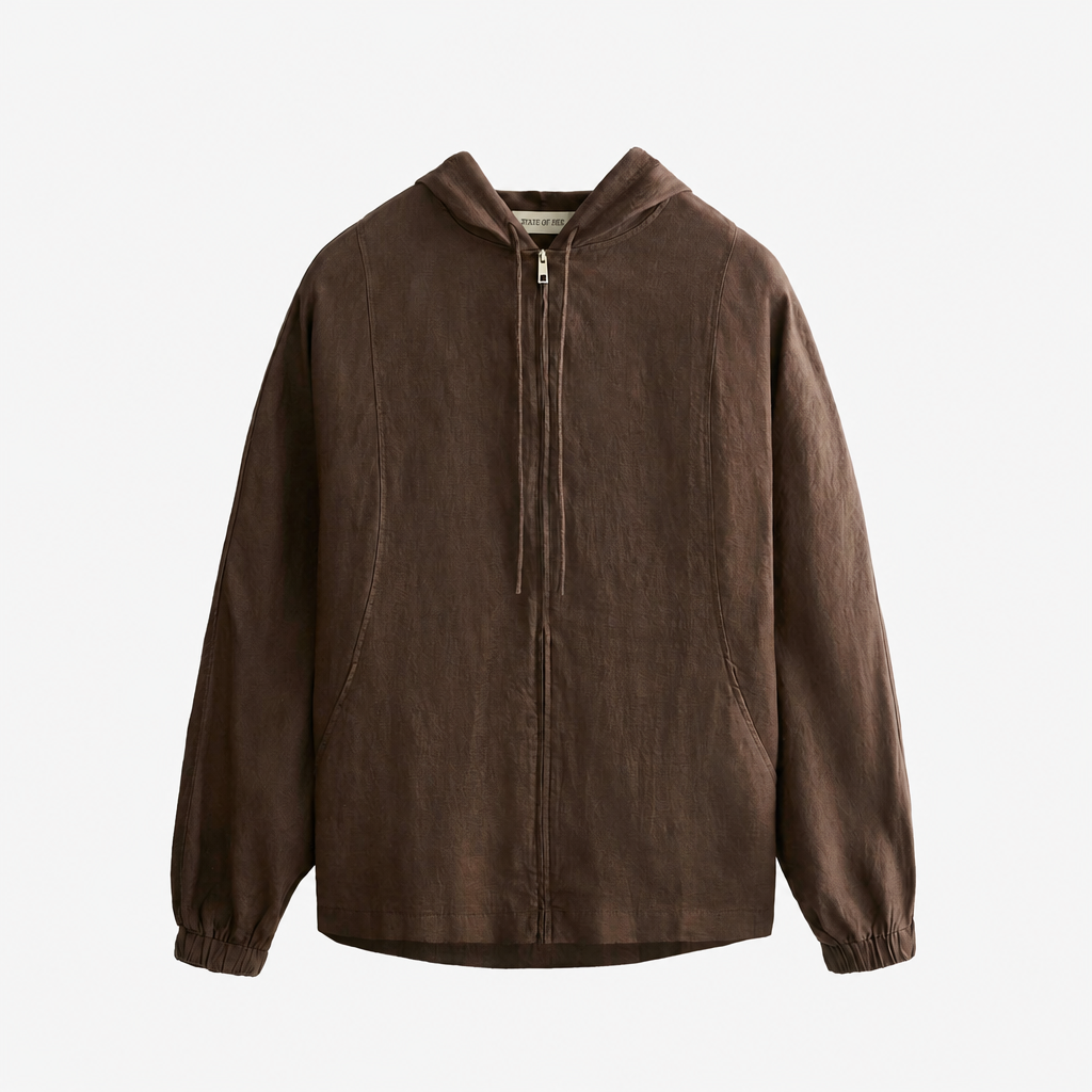 Women's brown linen hooded jacket with oversized fit and zip front by STATE OF HER