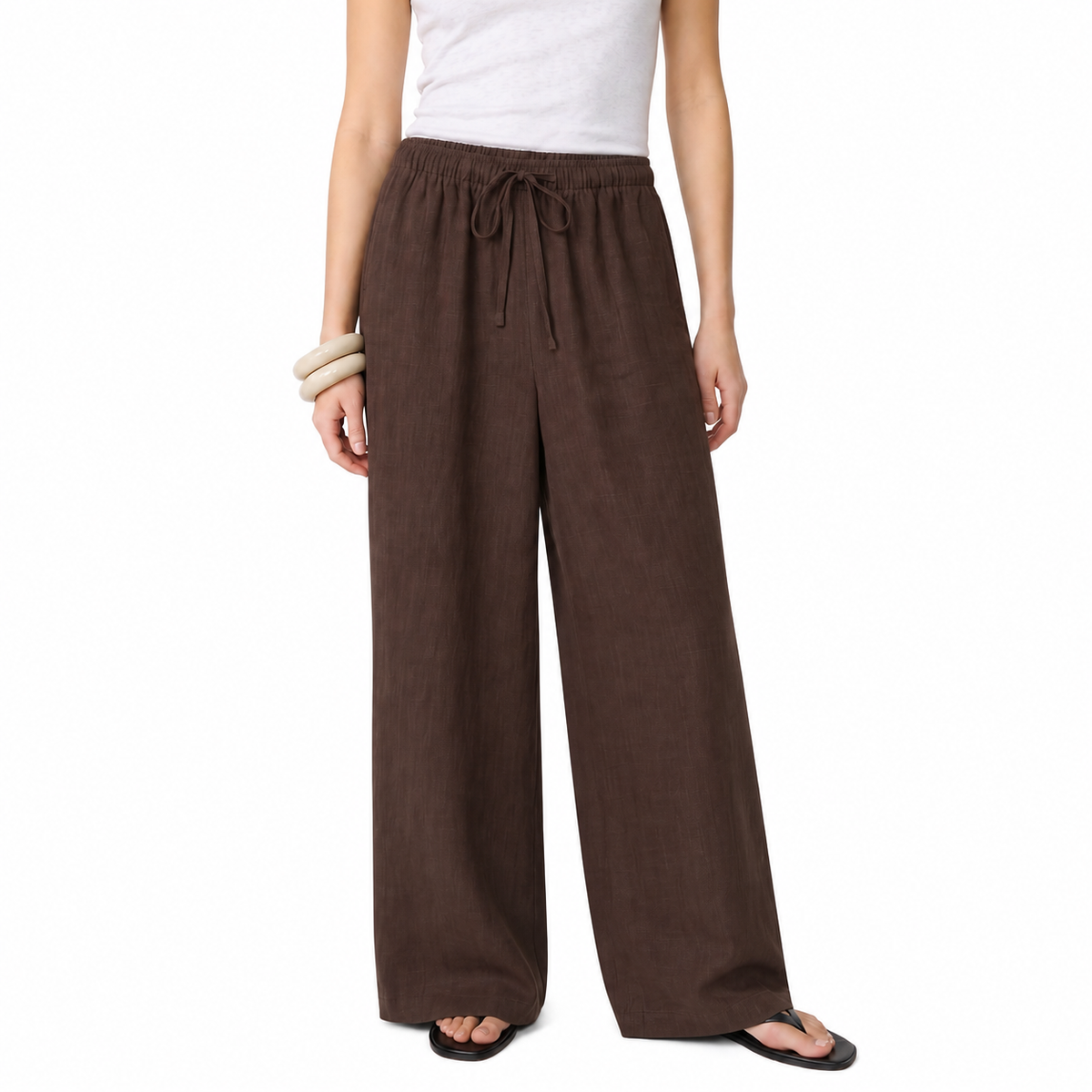 Women's brown linen straight-leg trousers with relaxed fit and pockets by STATE OF HER