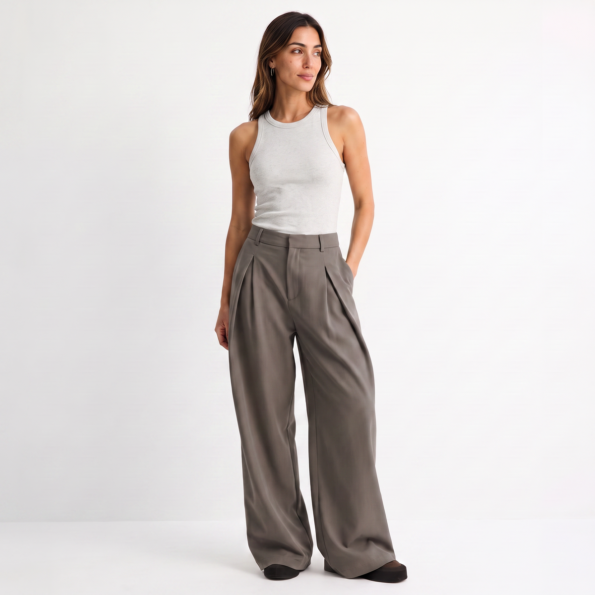 Women's brown maxi darted trousers with fluid wide leg and sculptural front drape by STATE OF HER