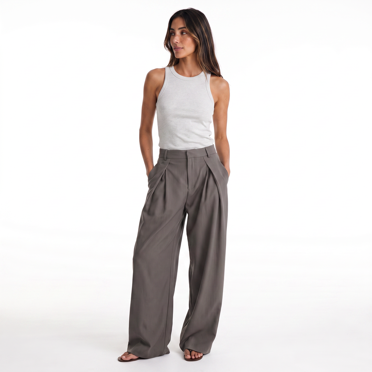 Women's brown maxi darted trousers with fluid wide leg and sculptural front drape by STATE OF HER