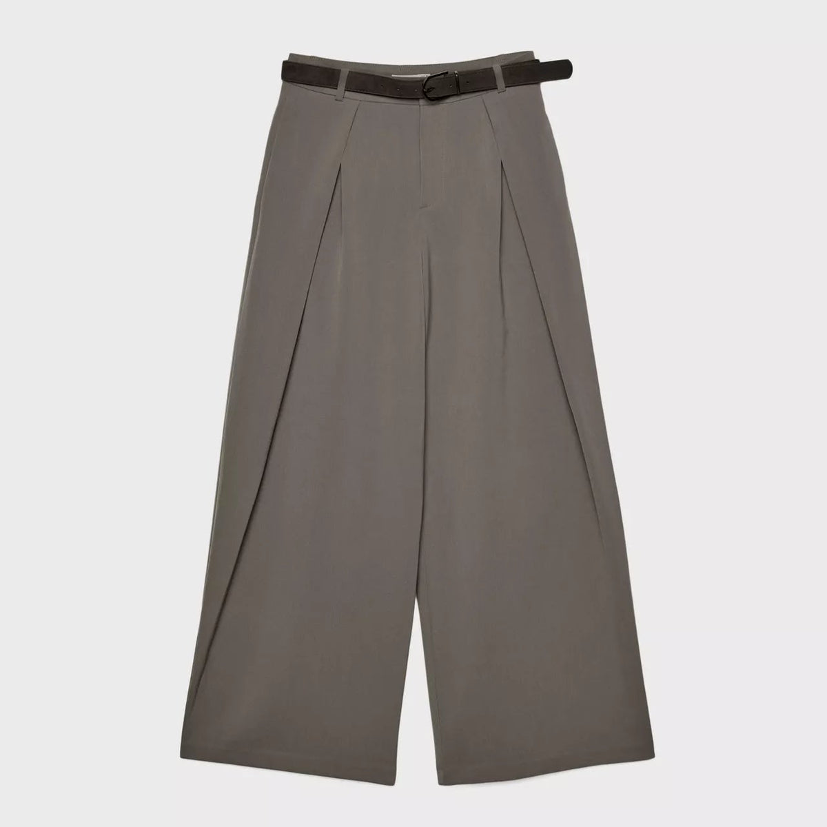 Women's brown maxi darted trousers with fluid wide leg and sculptural front drape by STATE OF HER