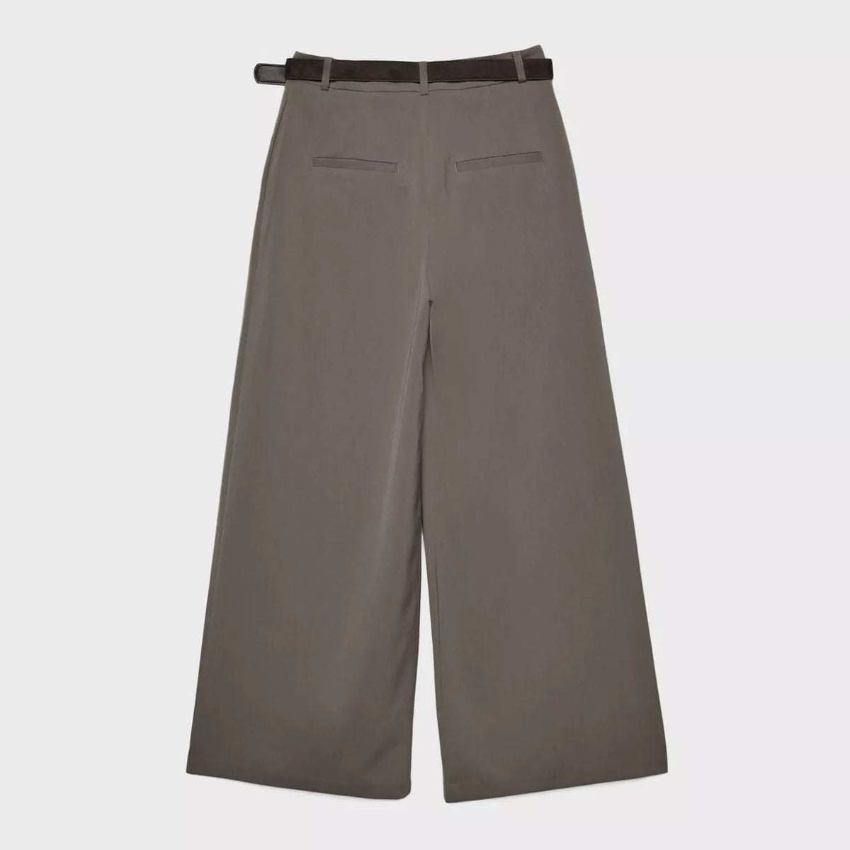 Women's brown maxi darted trousers with fluid wide leg and sculptural front drape by STATE OF HER