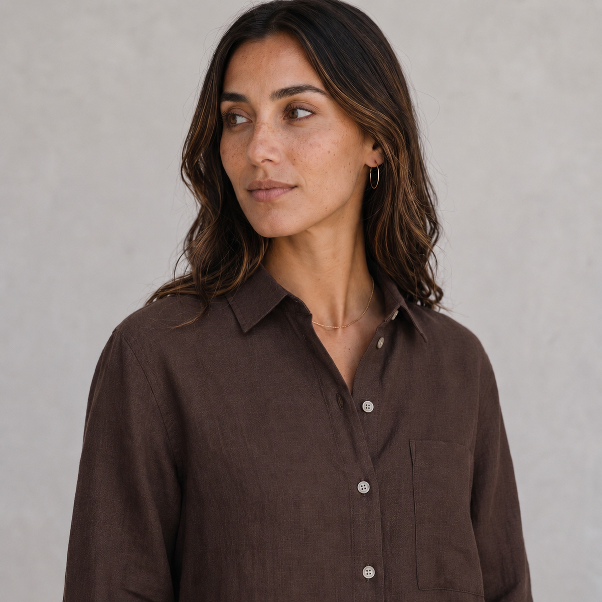 Women's brown oversized linen shirt with button front and dropped shoulders by STATE OF HER