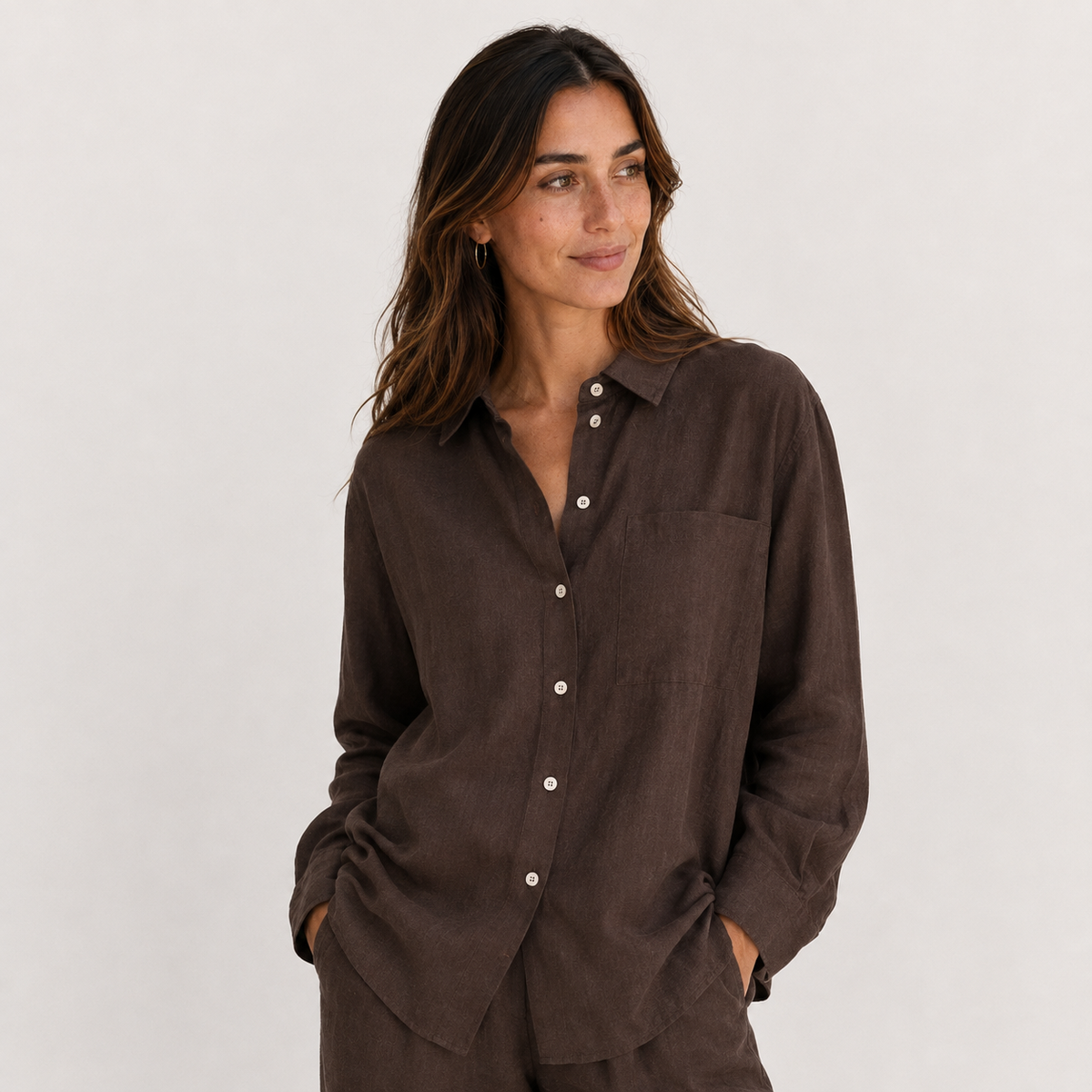 Women's brown oversized linen shirt with button front and dropped shoulders by STATE OF HER