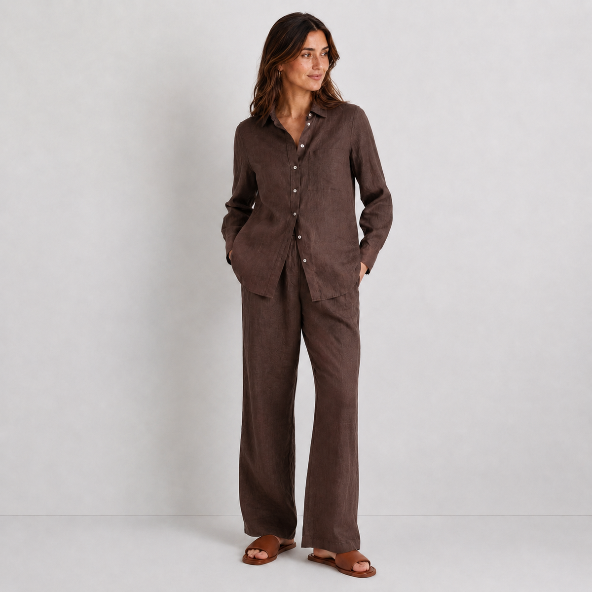 Women's brown oversized linen shirt with button front and dropped shoulders by STATE OF HER