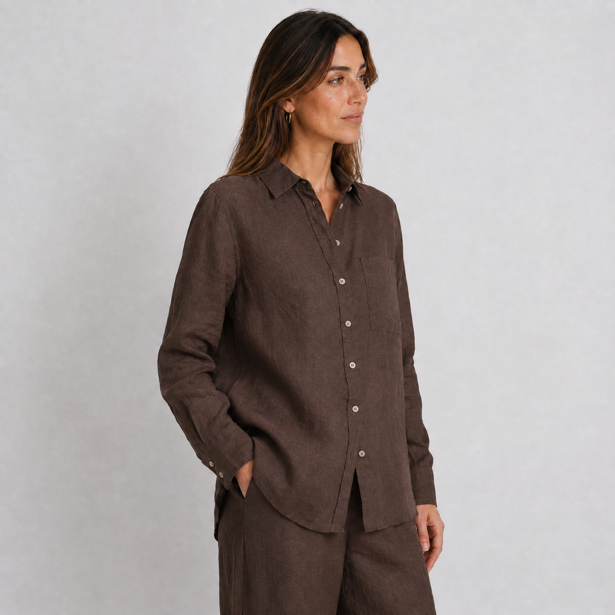 Women's brown oversized linen shirt with button front and dropped shoulders by STATE OF HER