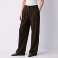 Women's brown wide-leg tailored trousers with double front pleats and fluid drape by STATE OF HER