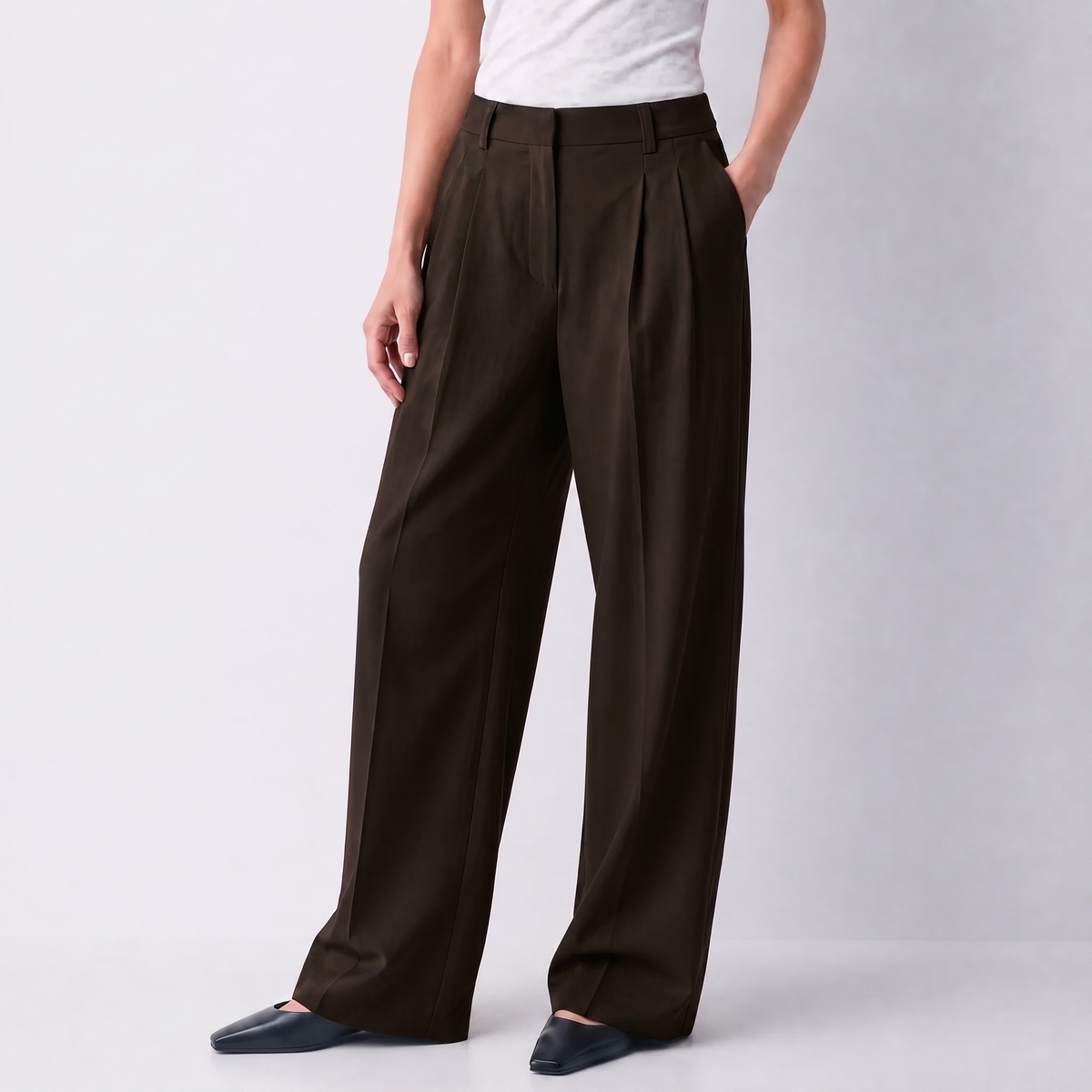 Women's brown wide-leg tailored trousers with double front pleats and fluid drape by STATE OF HER