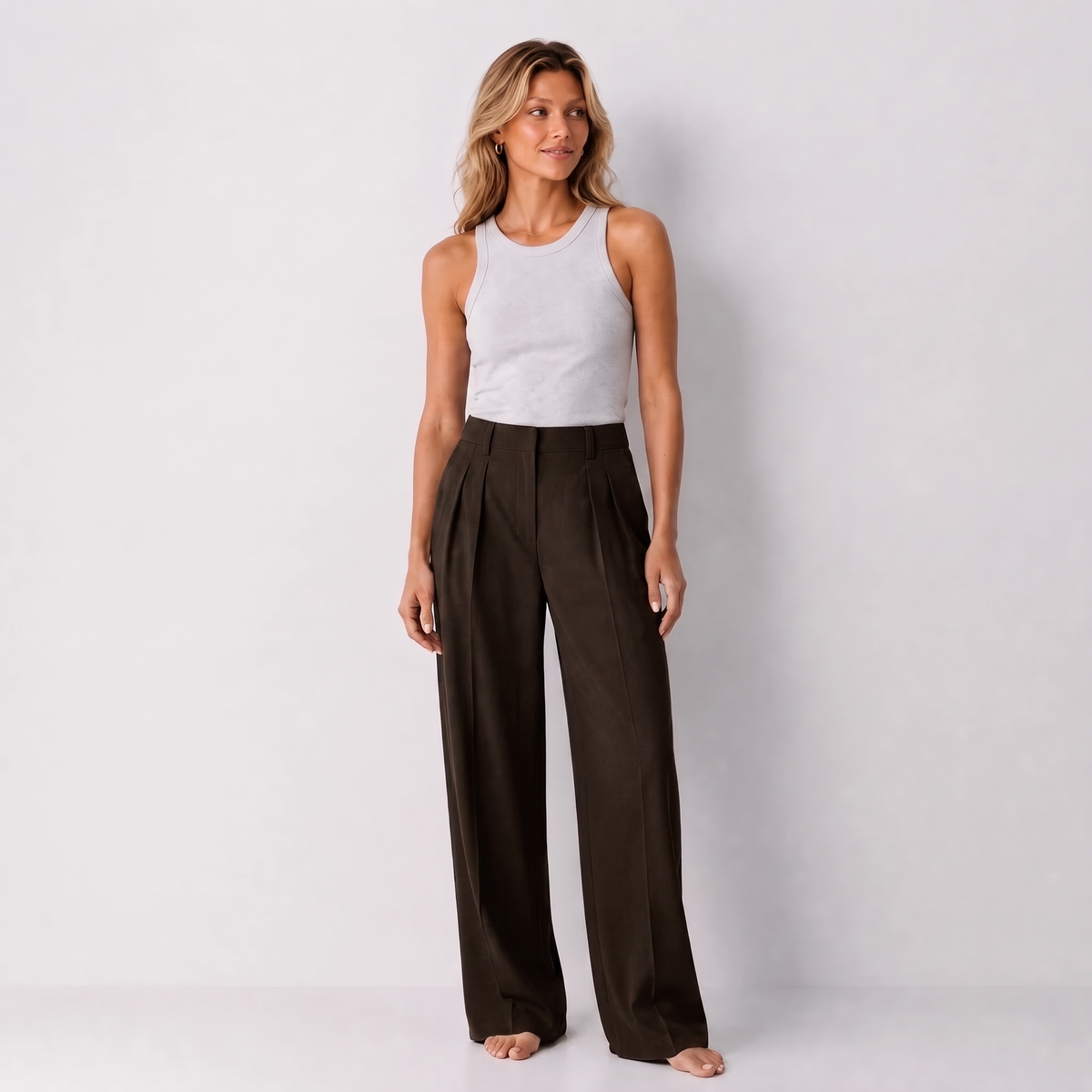Women's brown wide-leg tailored trousers with double front pleats and fluid drape by STATE OF HER