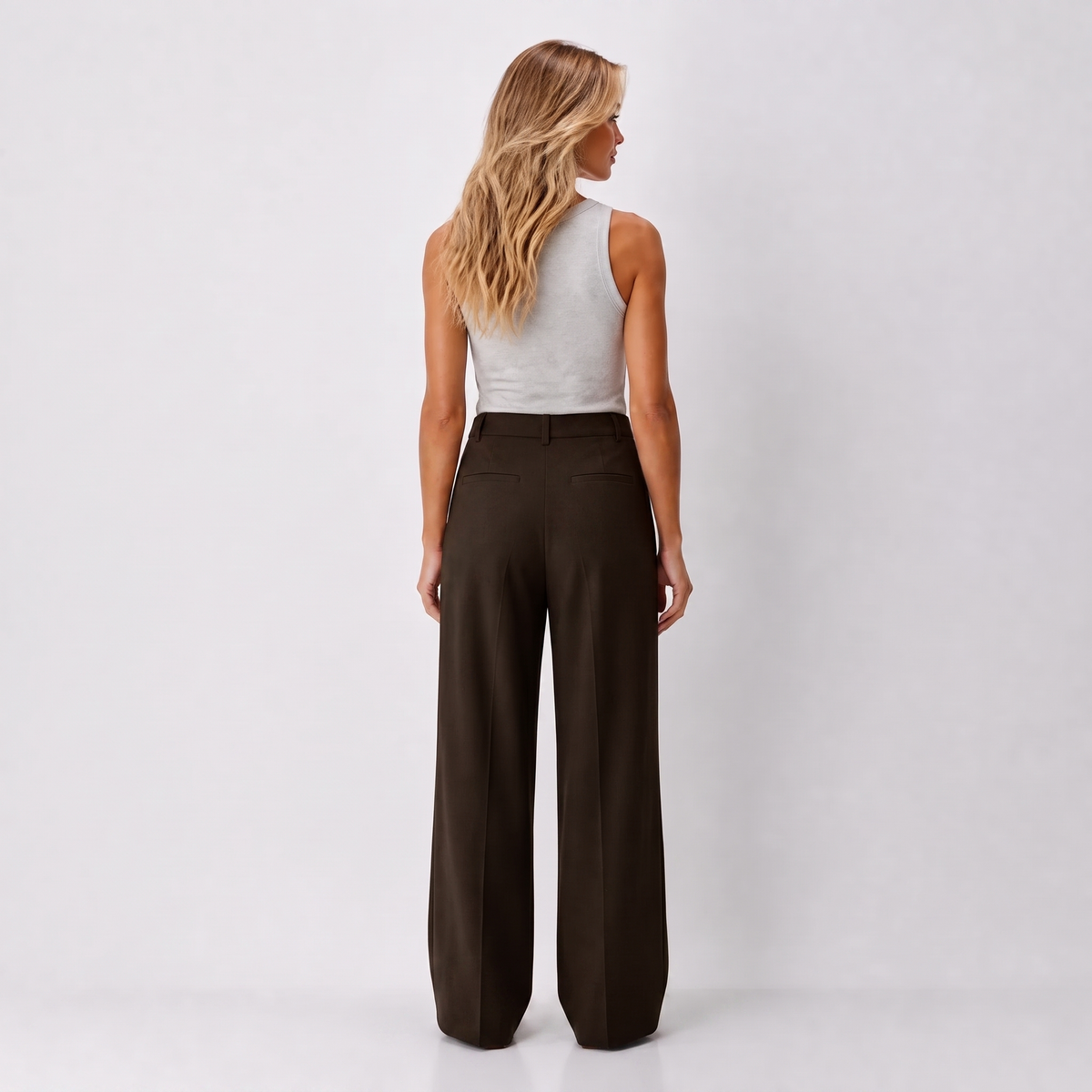 Women's brown wide-leg tailored trousers with double front pleats and fluid drape by STATE OF HER