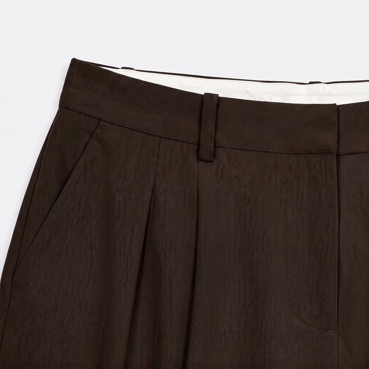 Women's brown wide-leg tailored trousers with double front pleats and fluid drape by STATE OF HER