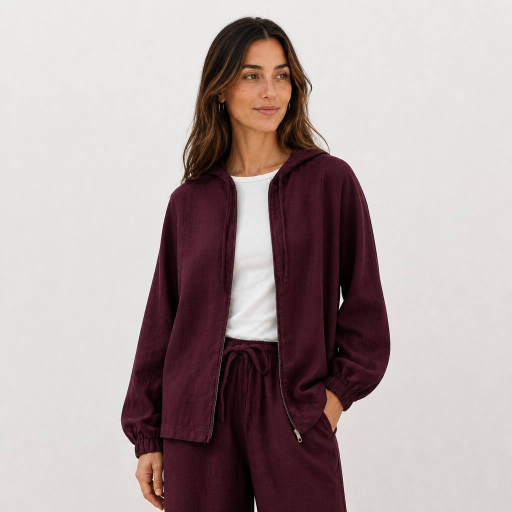 Women's burgundy linen hooded jacket with oversized fit and zip front by STATE OF HER
