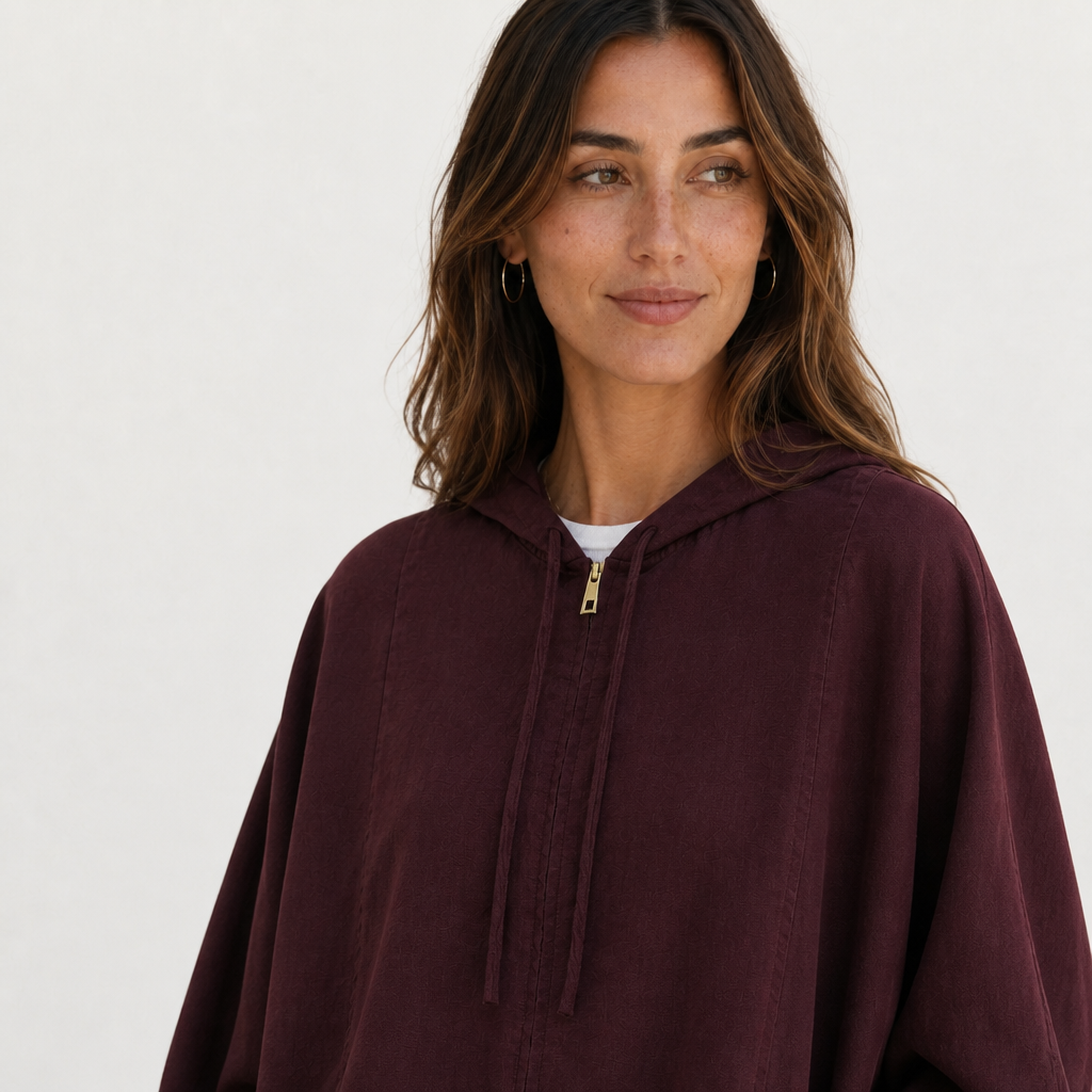 Women's burgundy linen hooded jacket with oversized fit and zip front by STATE OF HER